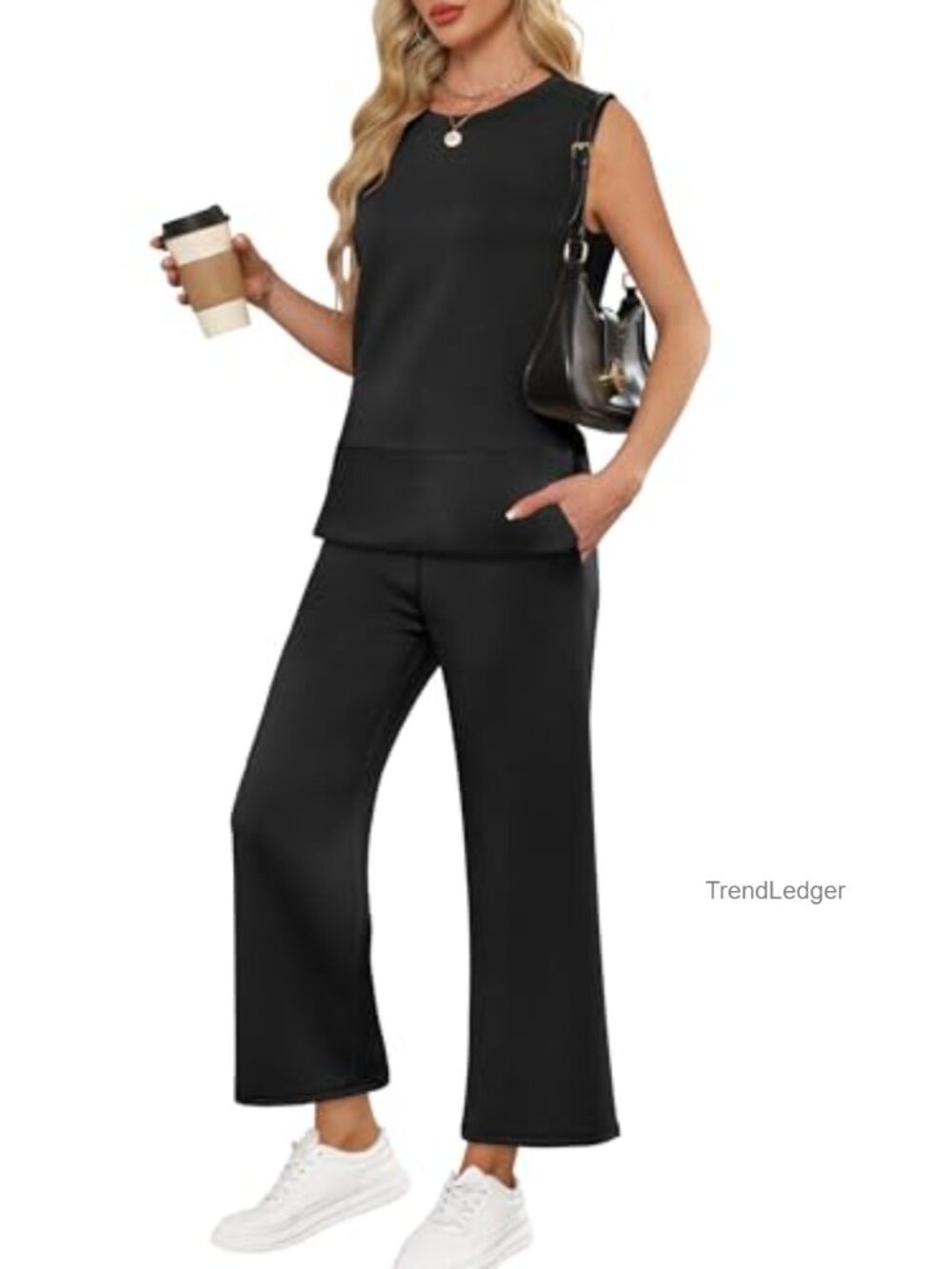 2 Piece Set Women Travel Outfits Sleeveless Tank High Waist Wide Leg Pants